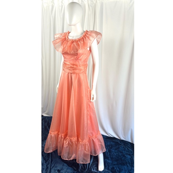 Vintage 1960’s 1970’s Custom Made Ruffled Collar Evening Gown in Orange • XS/S - Picture 4 of 10